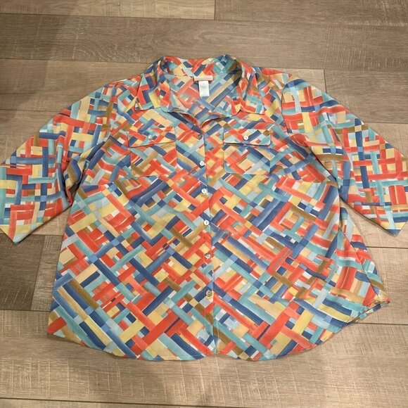 ALFRED DUNNER WOMENS 2X GEOMETRIC SHAPE BLOUSE LONG SLEEVE SHIRT - Picture 1 of 7